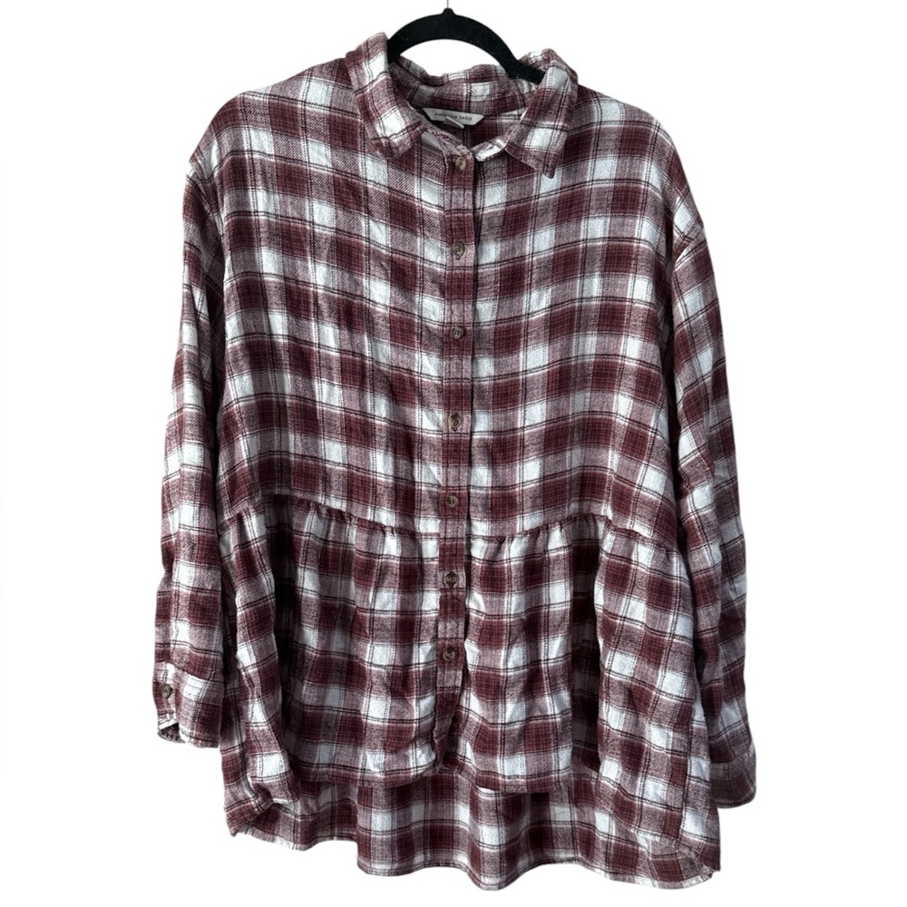 American Eagle Outfitters Maroon and White ruffle hem Plaid Shirt